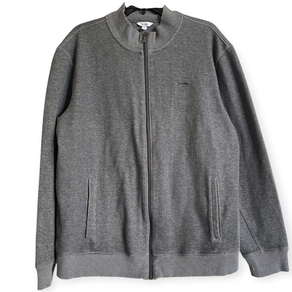 Calvin Klein Mens Sweater Jacket XL Full Zip Grey Mock Neck Grandpa Core Dad - Picture 2 of 14